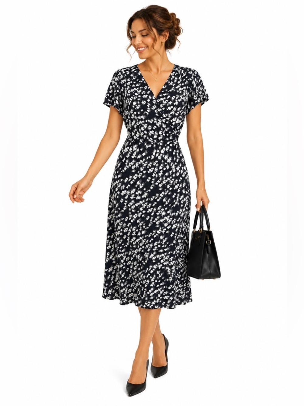 Leith Nordstrom Size Medium V-Neck Black and White Printed Summer Wrap Dress